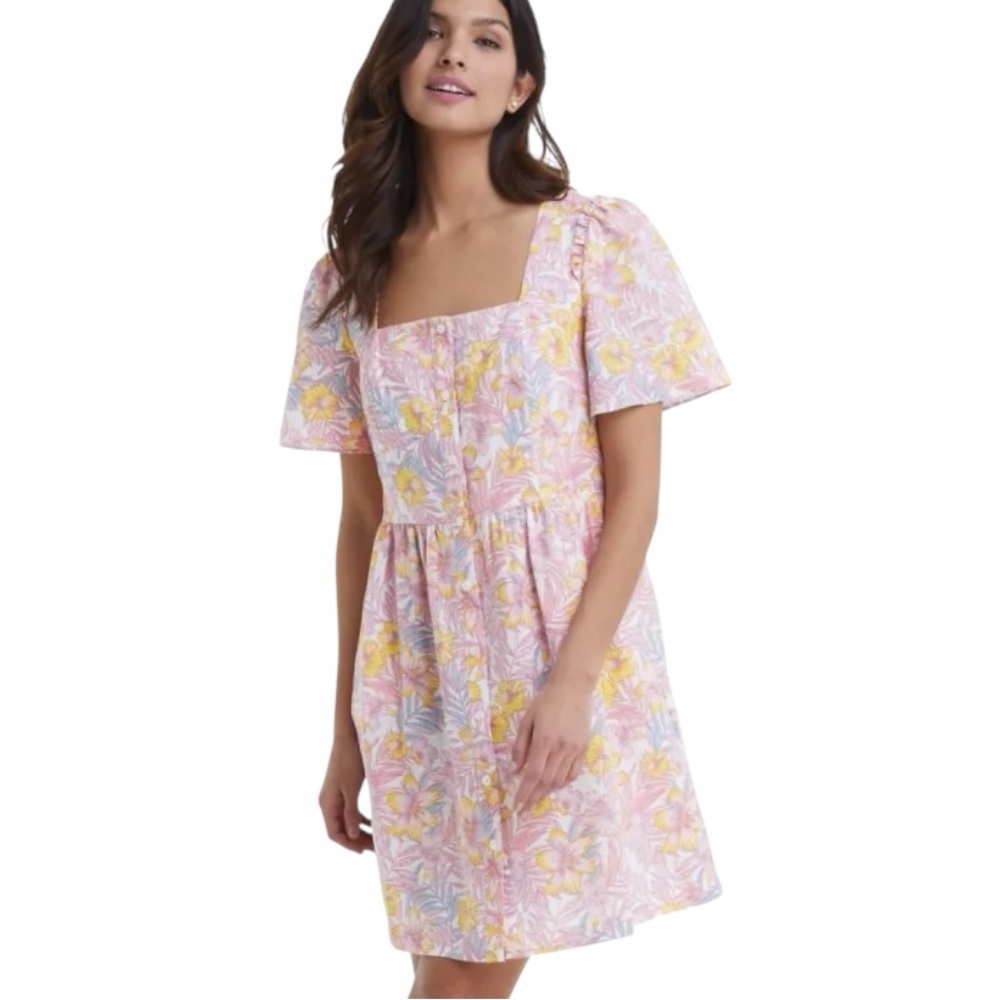 NWT Draper James Tropical Floral Print Linen Button Front Mini Dress - 14